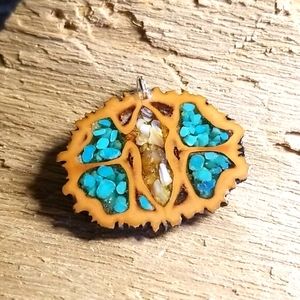 Walnut Shell Turquoise Inlay Pendant Necklace